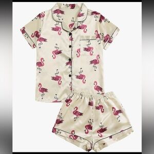 NWT Flamingo Print Satin Pajama short sleeve top and shorts set - Medium